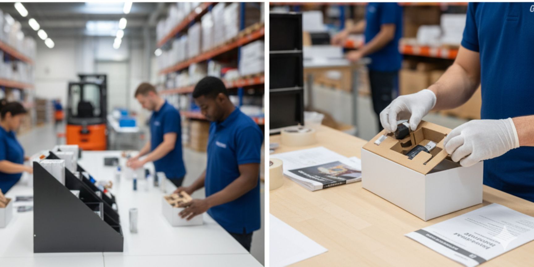 Collage aus drei Aufnahmen: Oben links zeigen mehrere Personen in einer Lagerhalle Konfektionierungsarbeiten an einer langen Tischreihe. Oben rechts ist ein an der Wand befestigter Bildschirm mit einer Übersichtssoftware für Logistikprozesse zu sehen. Unten links fokussiert sich das Bild auf Details der Konfektionierung in der Logistikhalle und unten rechts werden Produkte in einer hochwertigen Verpackung finalisiert, wobei die Hände eines Mitarbeiters in weißen Handschuhen erkennbar sind.
